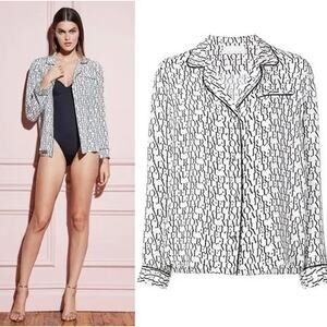 EUC Fleur Du Mal Silk Logo Print Pajama Shirt Top Black White Small Button Down